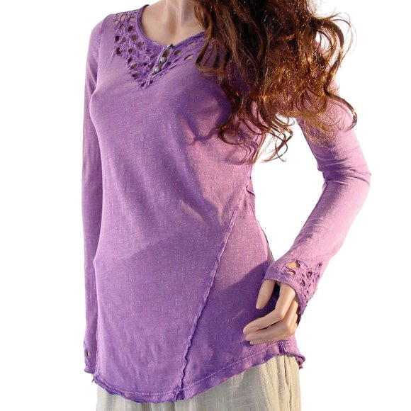 FREE PEOPLE Purple Boho Cutout Long Sleeve Cotton Top Women's S - Picture 3 of 10